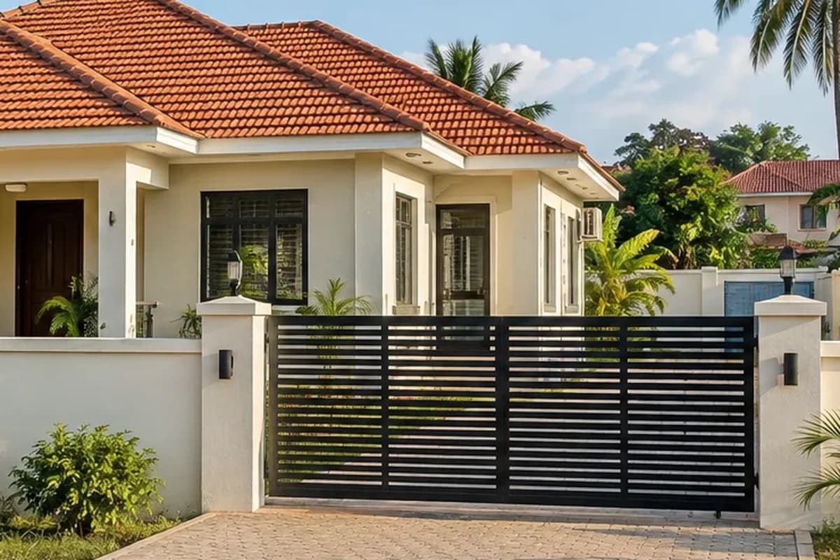 Illustrative close view of a tiled roof, rendered block wall, gate and paved driveway